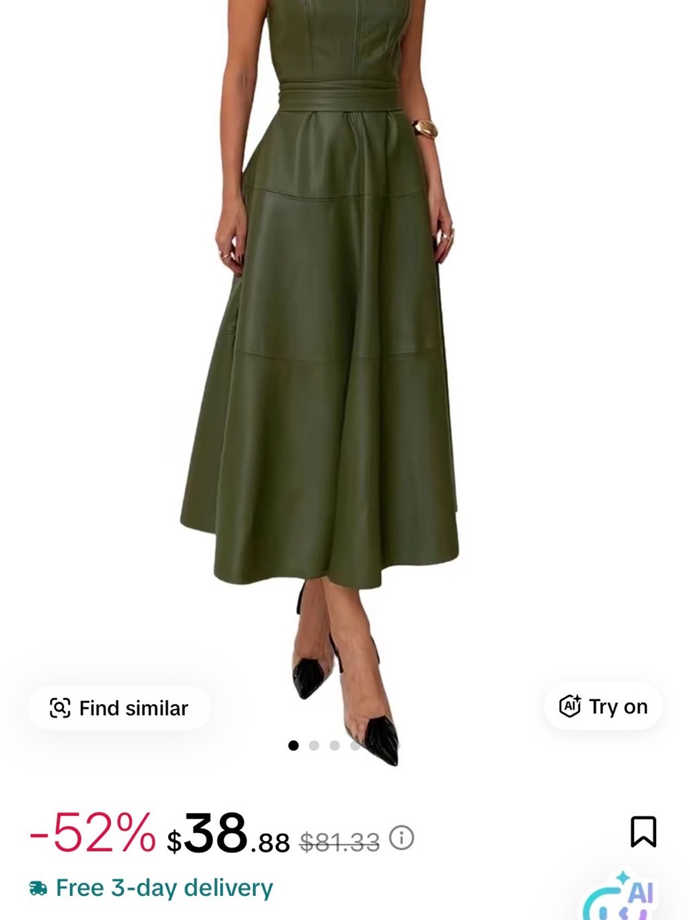 Chartou Olive Green faux leather A-Line Midi Skirt